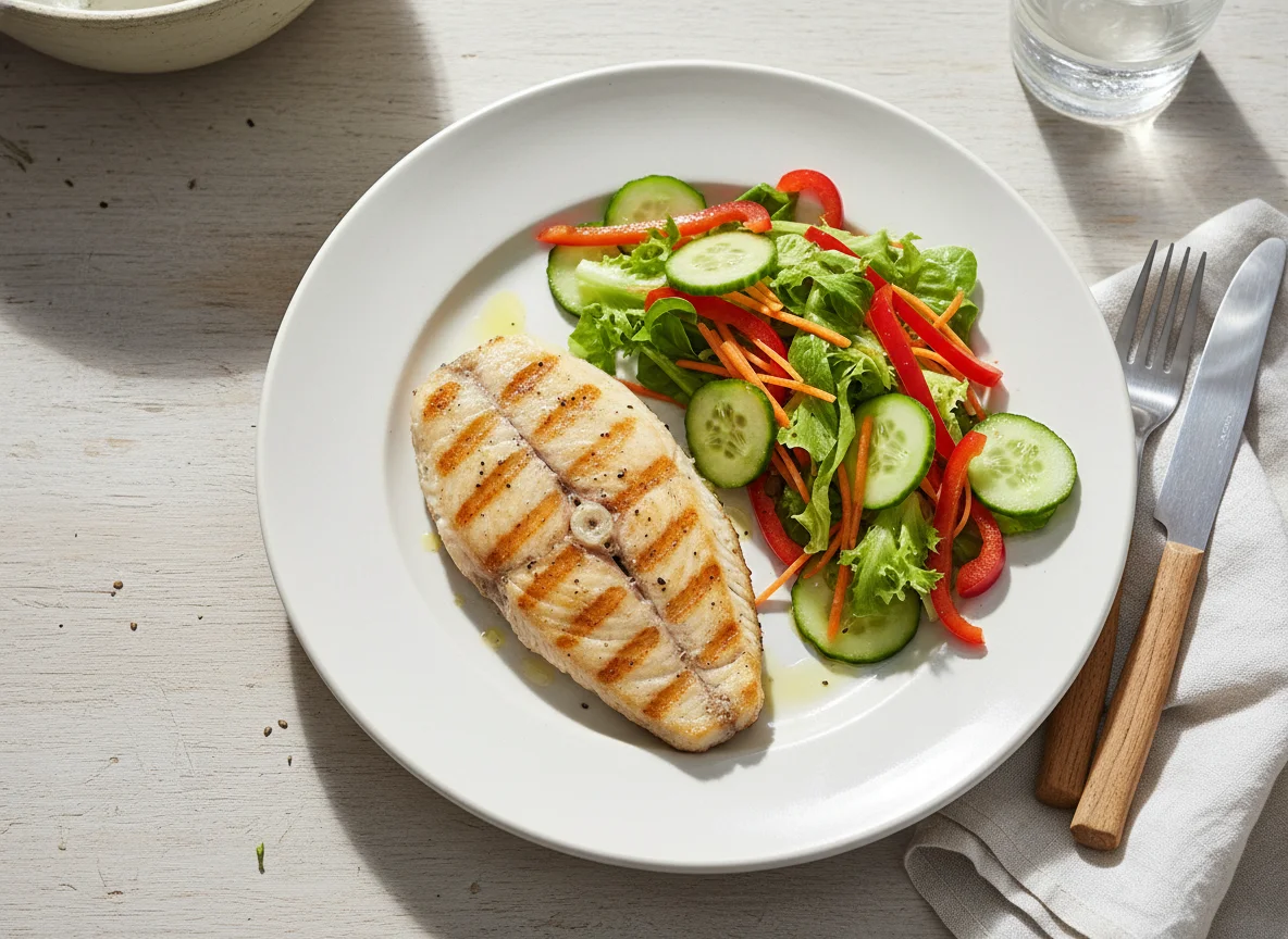 Filete de pescado blanco a la plancha con ensalada mixta photo