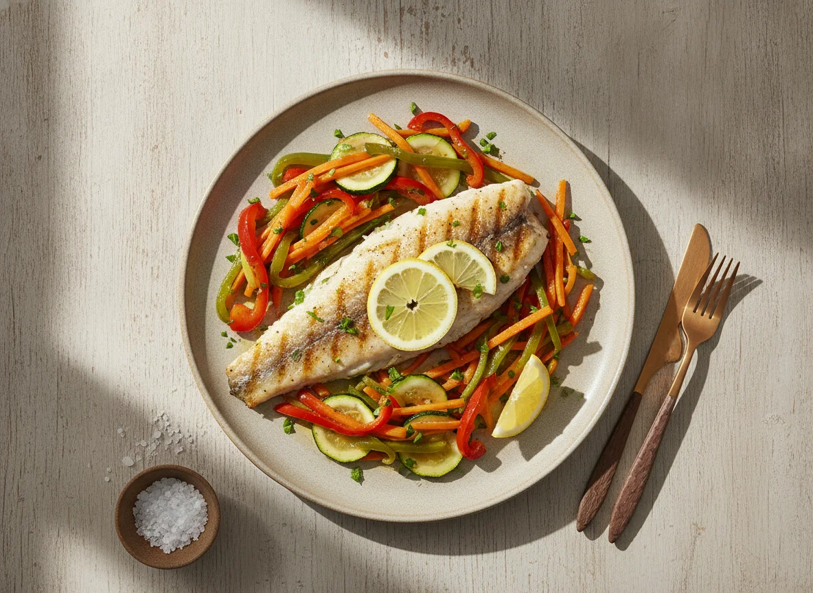 Filete de pescado blanco a la plancha con vegetales salteados photo