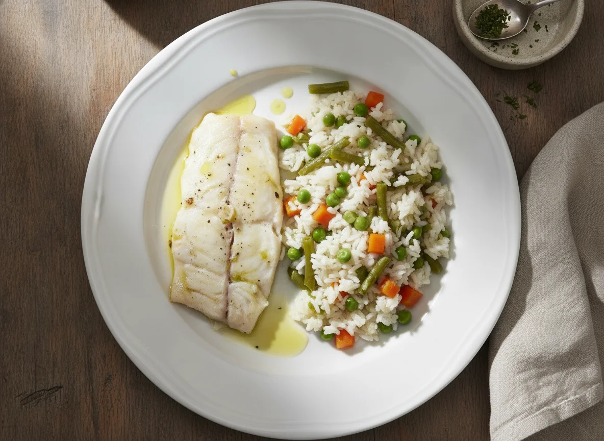 Filete de pescado blanco con arroz y verduras photo