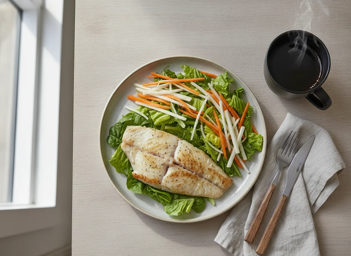 Filete de pescado blanco con ensalada mixta y café photo