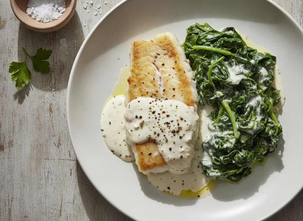 Filete de pescado blanco con espinacas a la crema photo