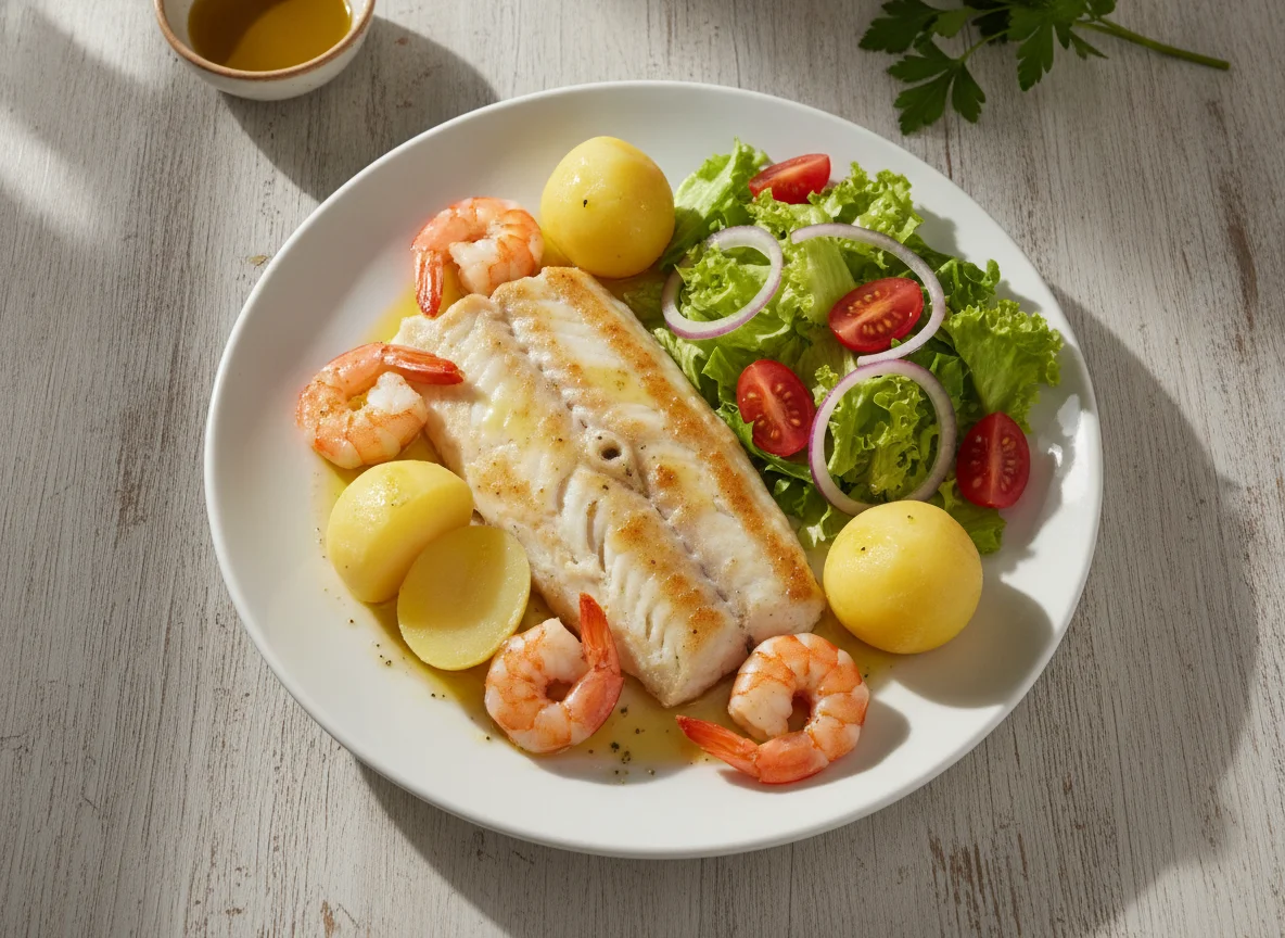 Filete de pescado blanco con gambas, patatas y ensalada photo
