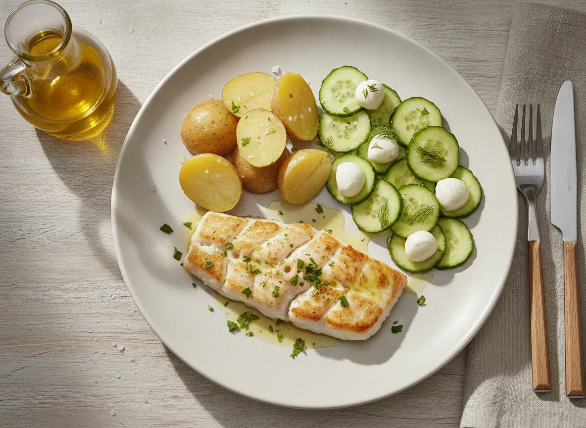 Filete de pescado blanco con patatas cocidas y ensalada de pepino con mozzarella photo
