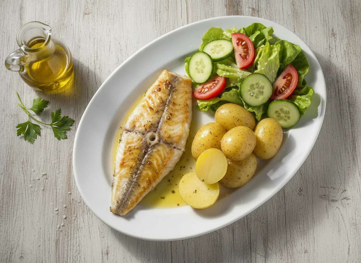 Filete de pescado blanco con patatas cocidas y ensalada photo