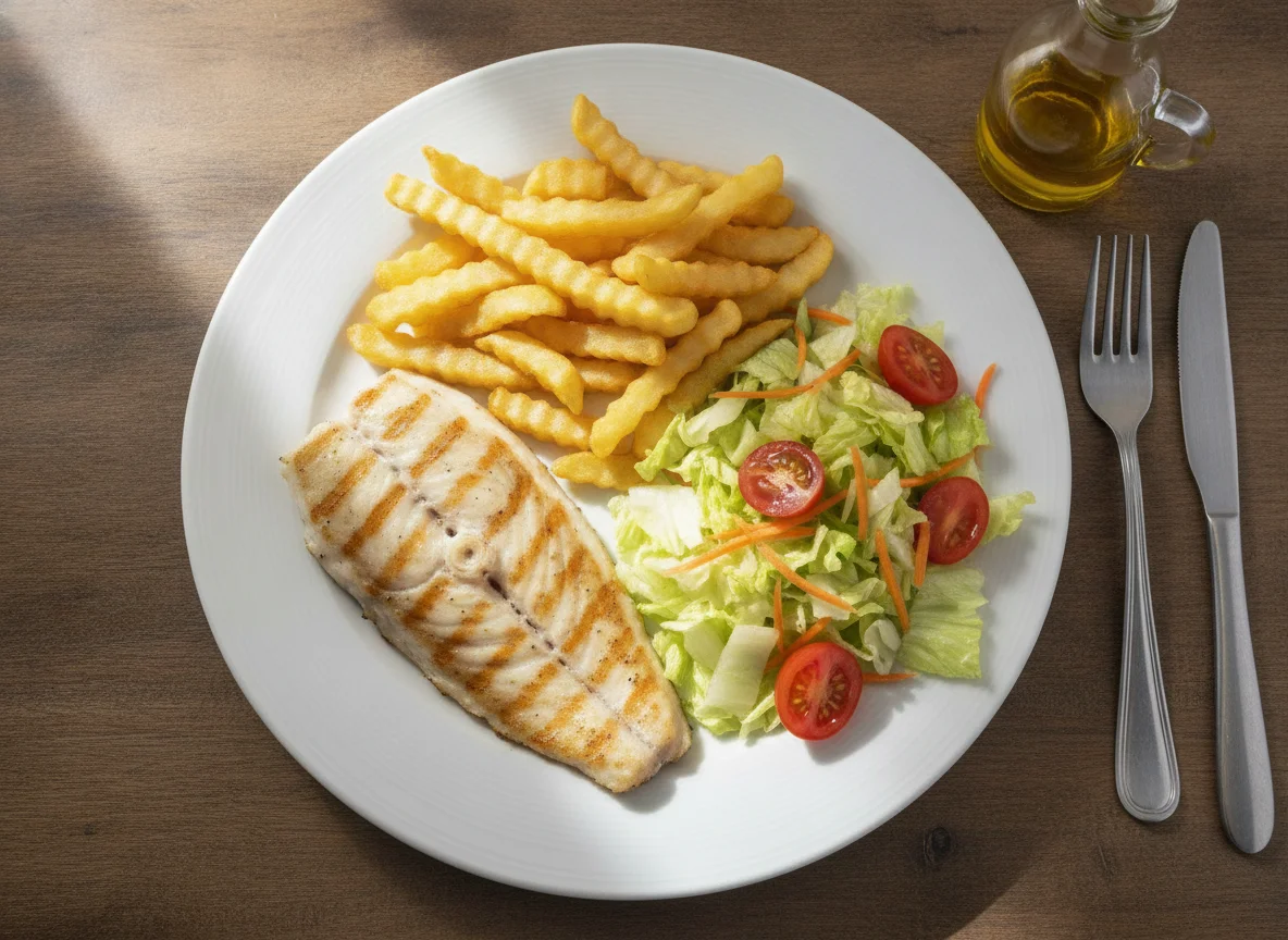 Filete de pescado blanco con patatas fritas y ensalada mixta photo