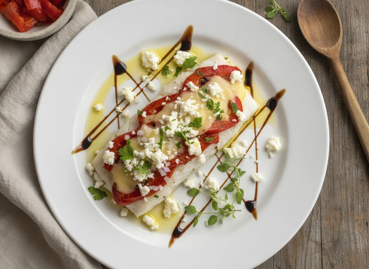 Filete de pescado blanco con pimientos del piquillo y queso photo