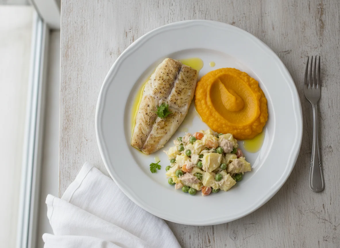 Filete de pescado blanco con puré de verduras y ensaladilla photo