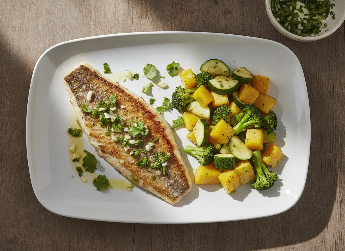 Filete de pescado blanco con verduras salteadas photo