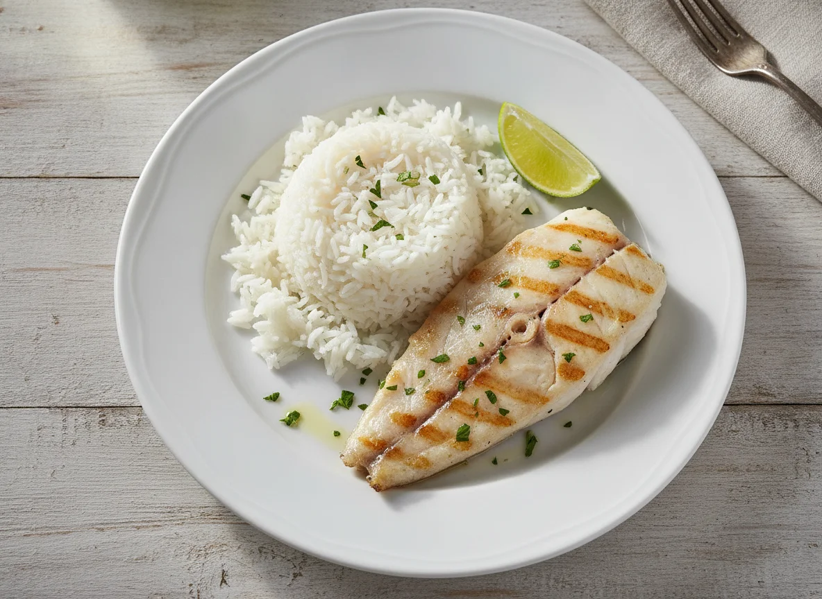 Filete de pescado con arroz blanco photo