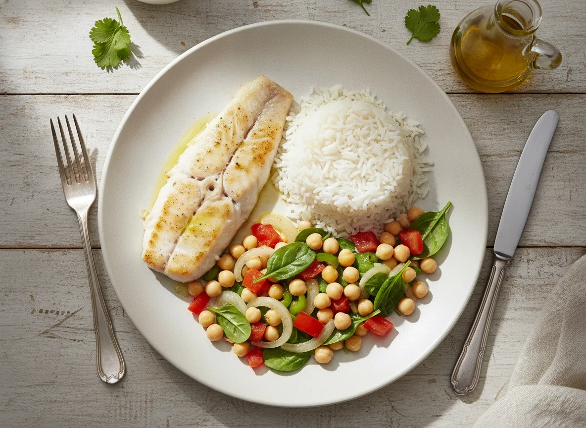 Filete de pescado con arroz blanco y ensalada de garbanzos photo