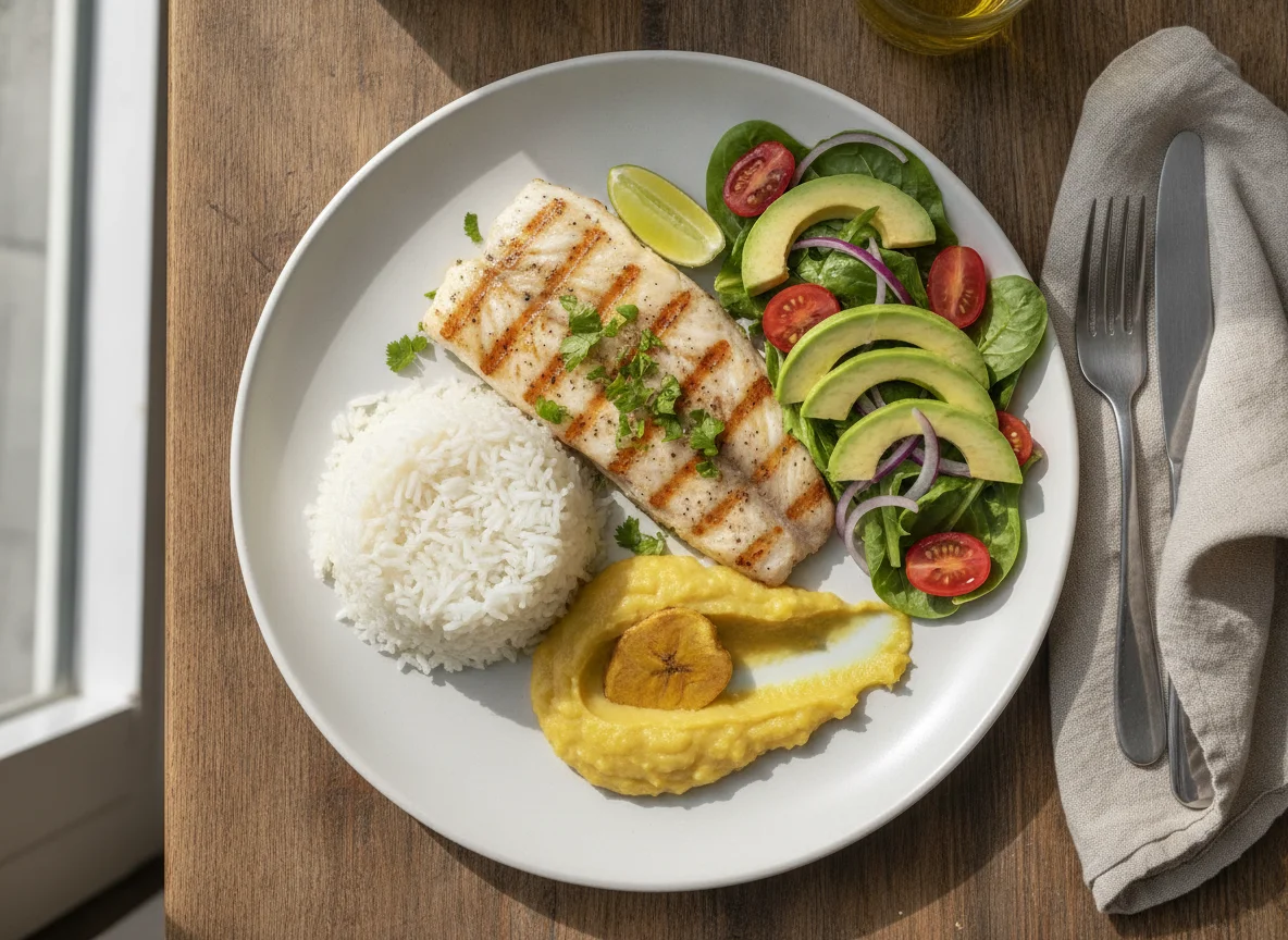 Filete de pescado con arroz, ensalada de aguacate y puré de plátano photo
