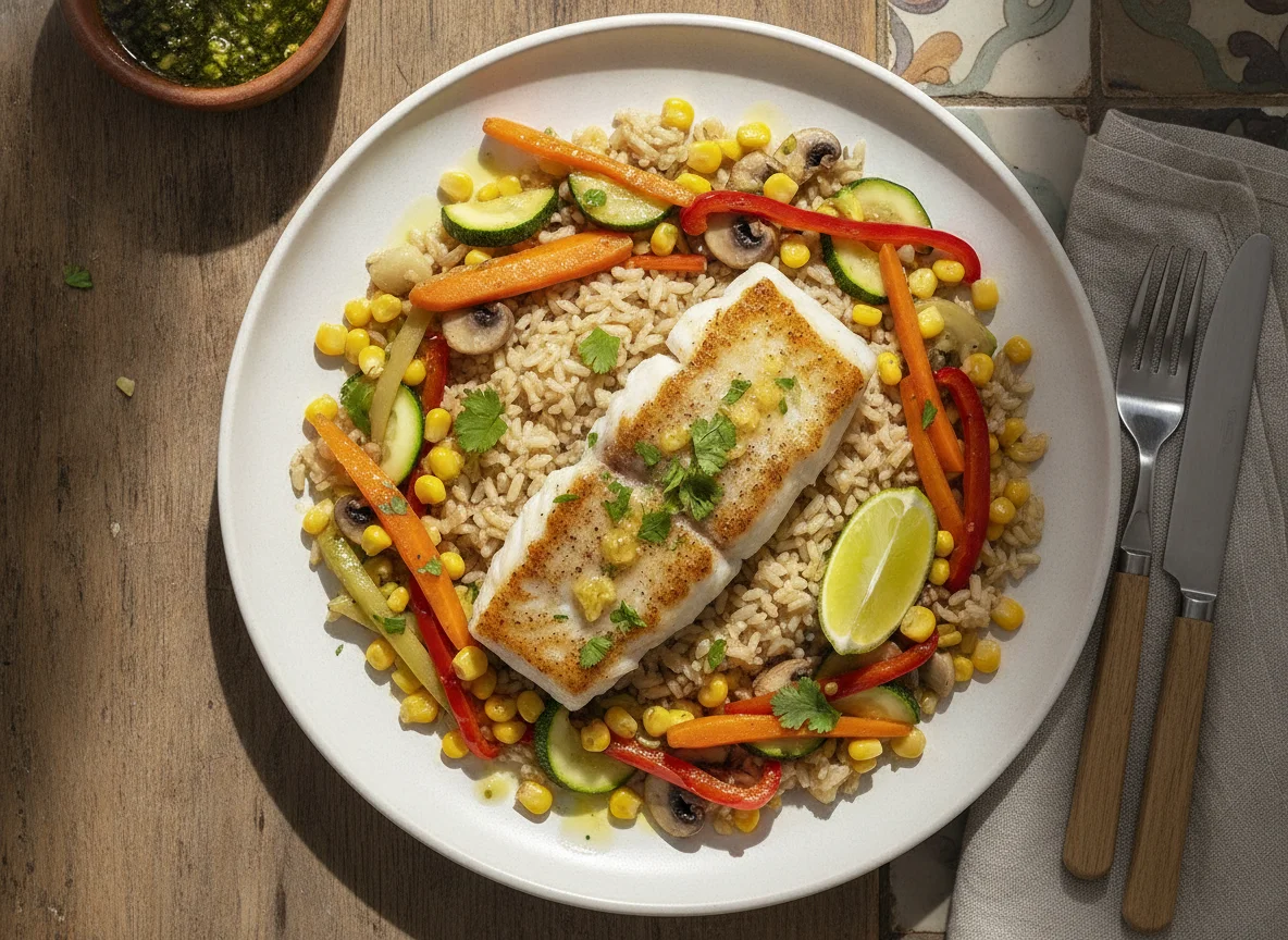 Filete de pescado con arroz integral y verduras salteadas photo