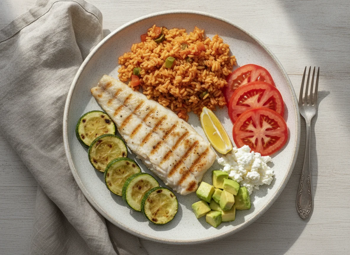 Filete de pescado con arroz rojo y verduras photo