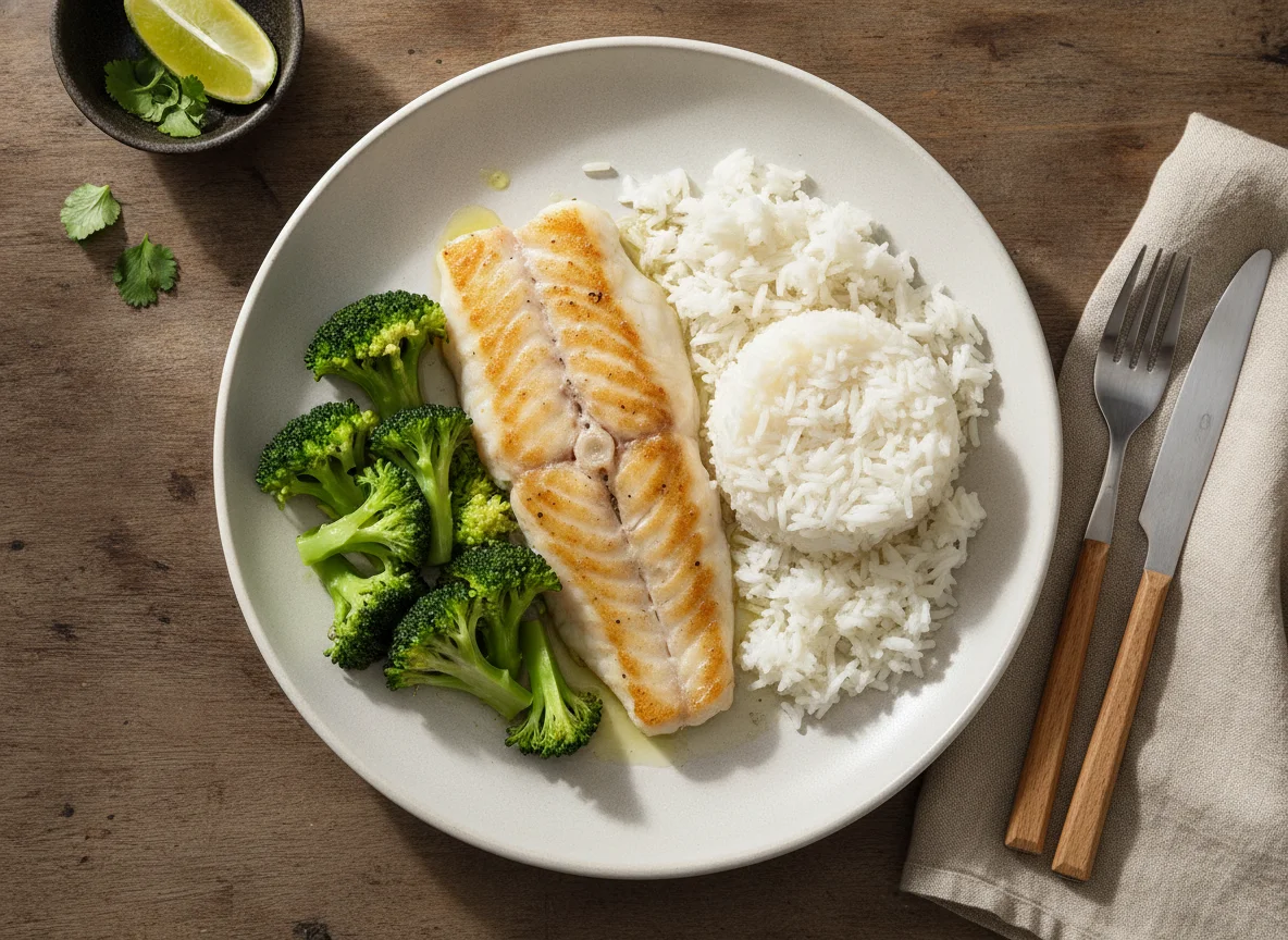 Filete de pescado con arroz y brócoli photo
