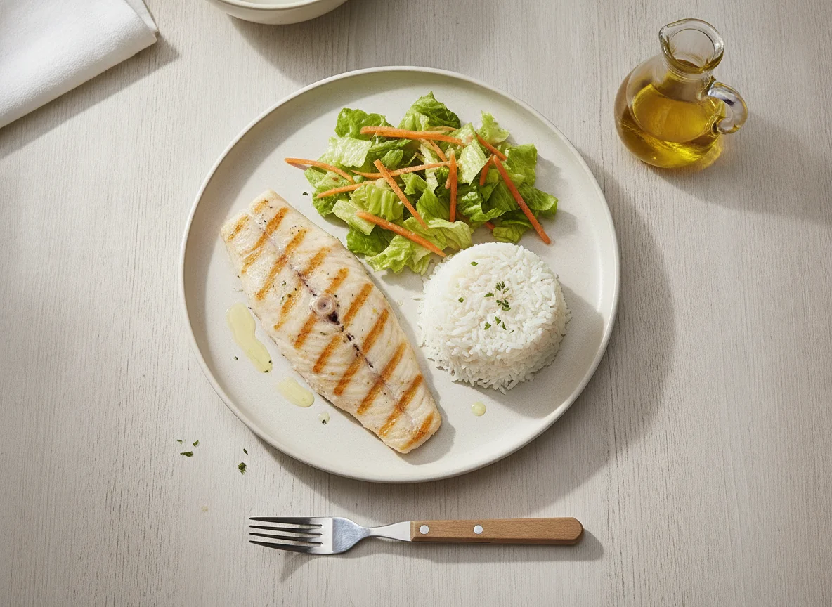 Filete de pescado con arroz y ensalada photo
