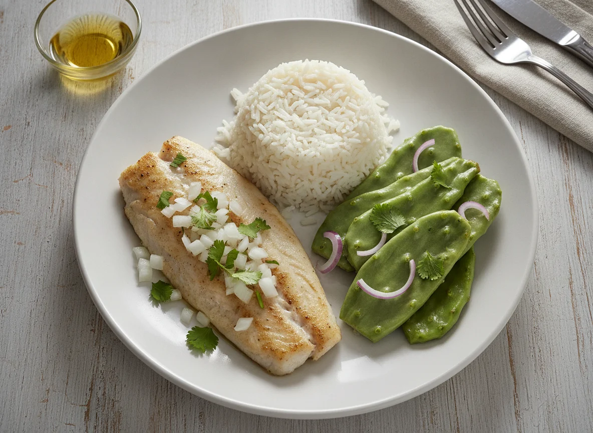 Filete de pescado con arroz y nopales photo