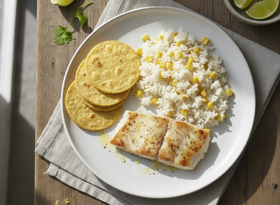 Filete de pescado con arroz y tostadas photo