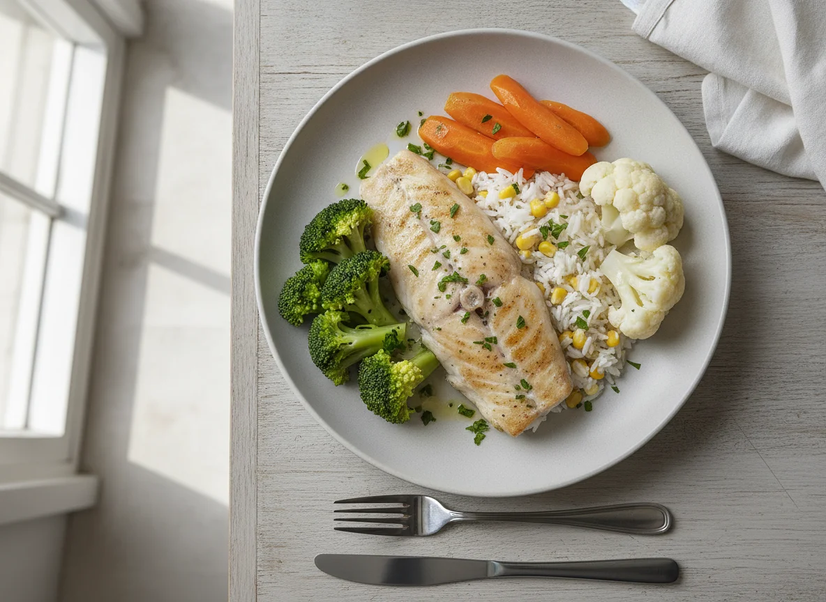 Filete de pescado con arroz y verduras al vapor photo
