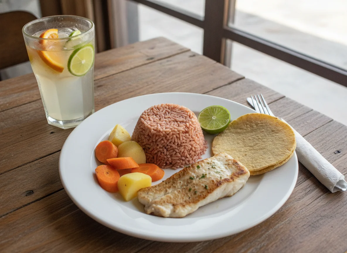 Filete de pescado con arroz y verduras photo