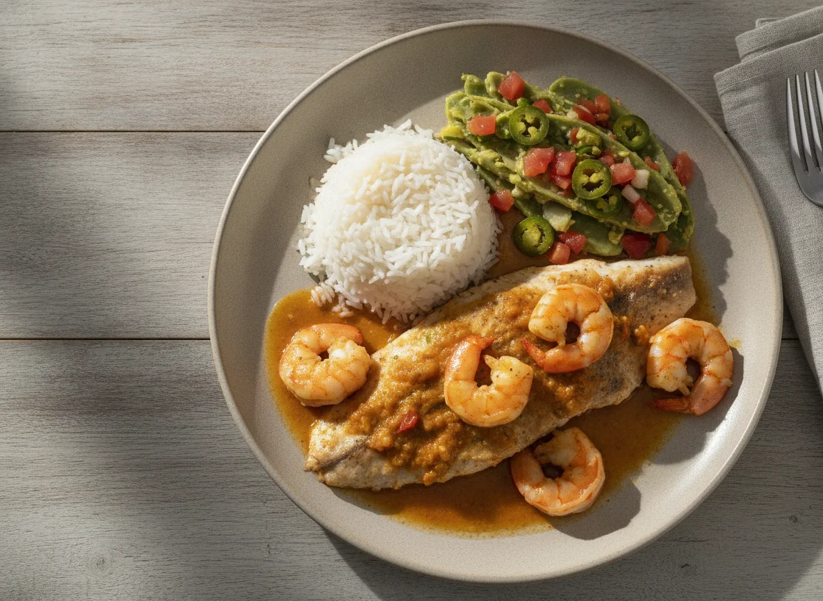 Filete de pescado con camarones, arroz y nopales photo