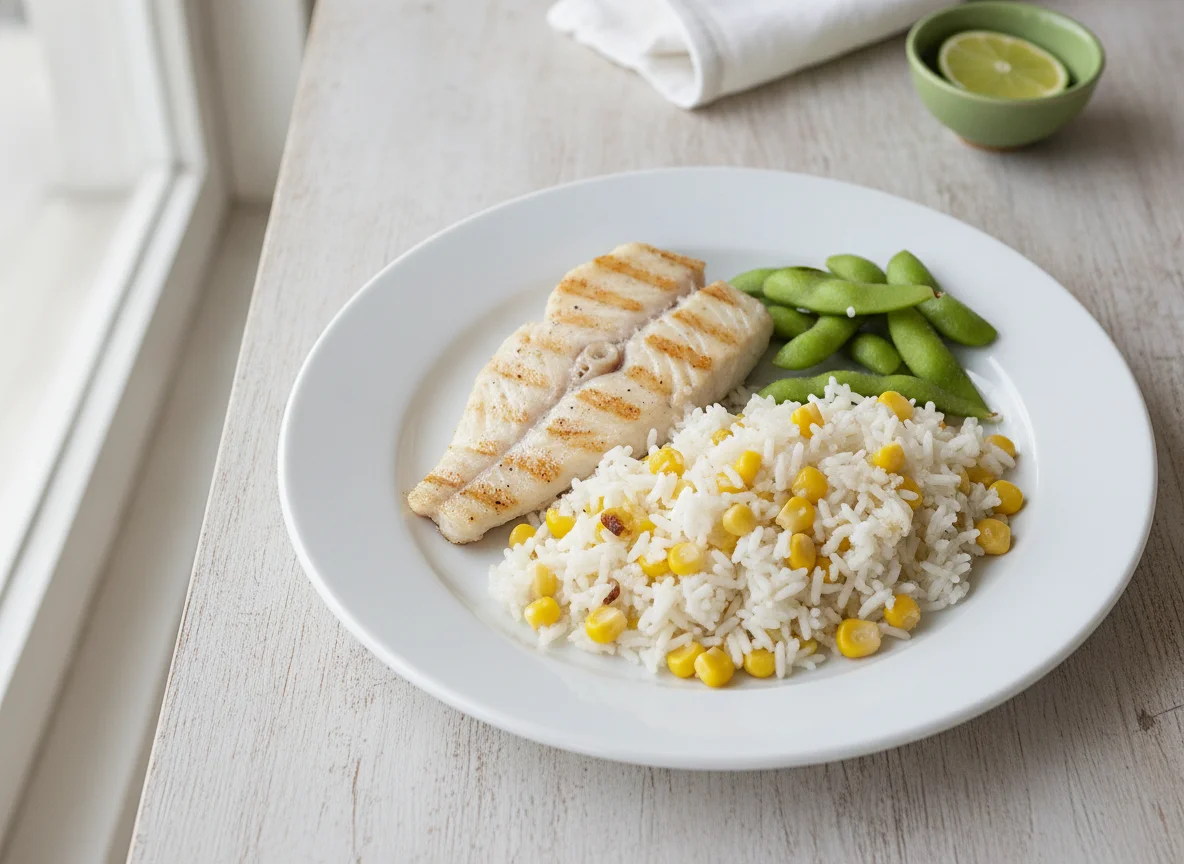 Filete de pescado con edamames y arroz con elote photo