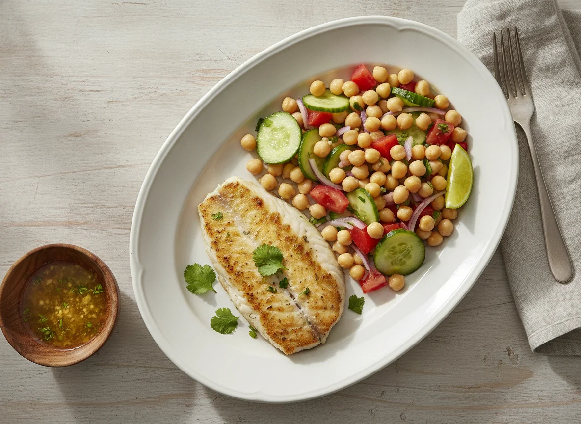 Filete de pescado con ensalada de garbanzos photo
