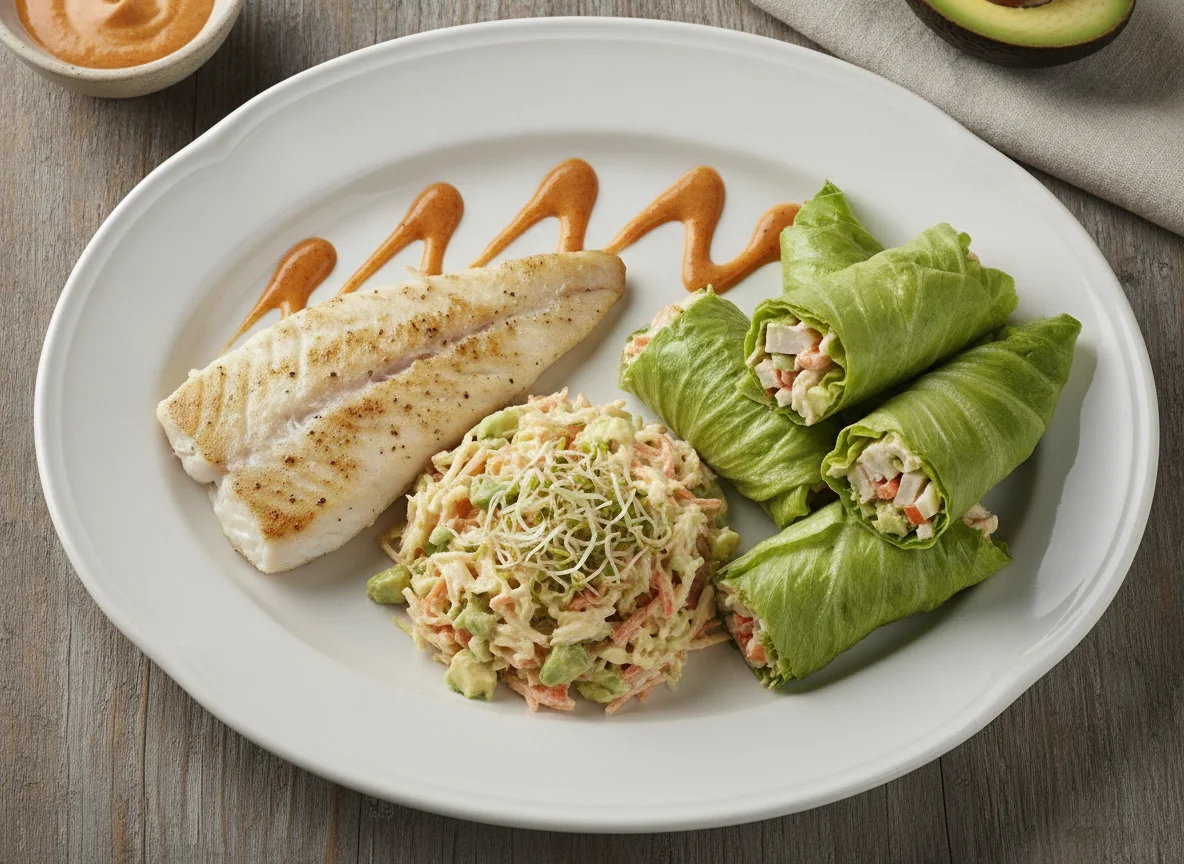 Filete de pescado con ensalada de surimi y rollos de lechuga photo