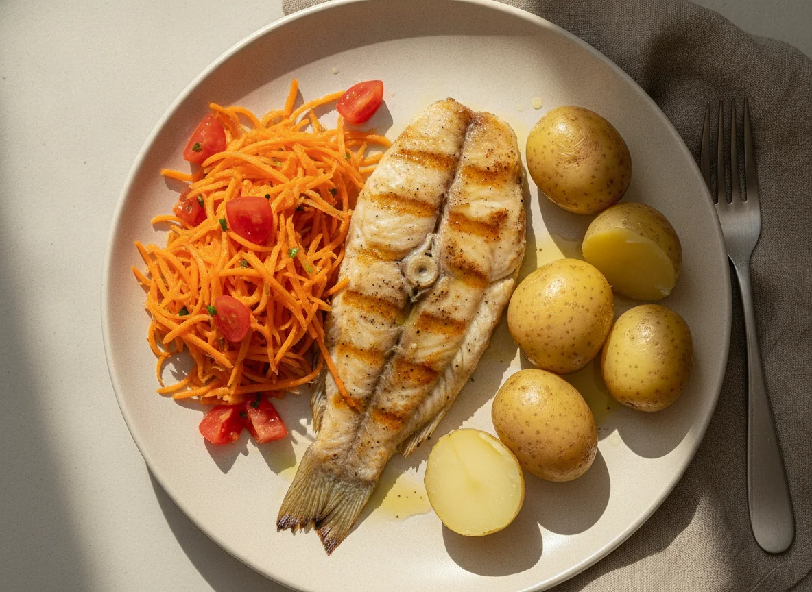 Filete de pescado con ensalada de zanahoria y papa cocida photo