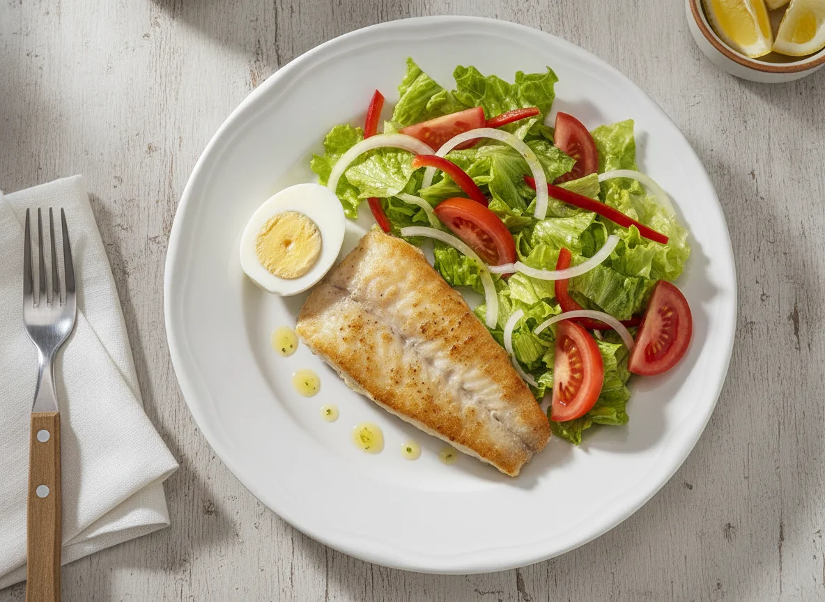 Filete de pescado con ensalada mixta y huevo photo