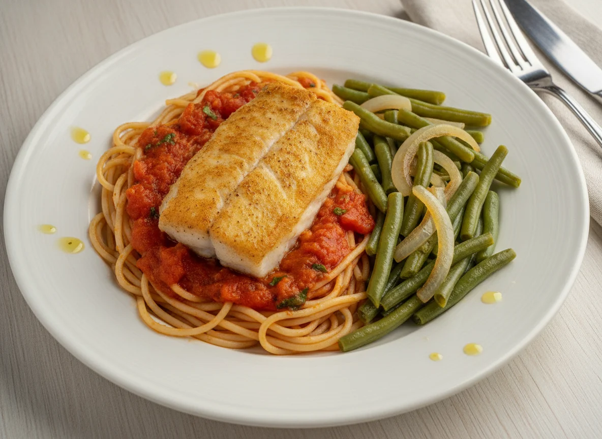 Filete de pescado con espagueti y ejotes photo