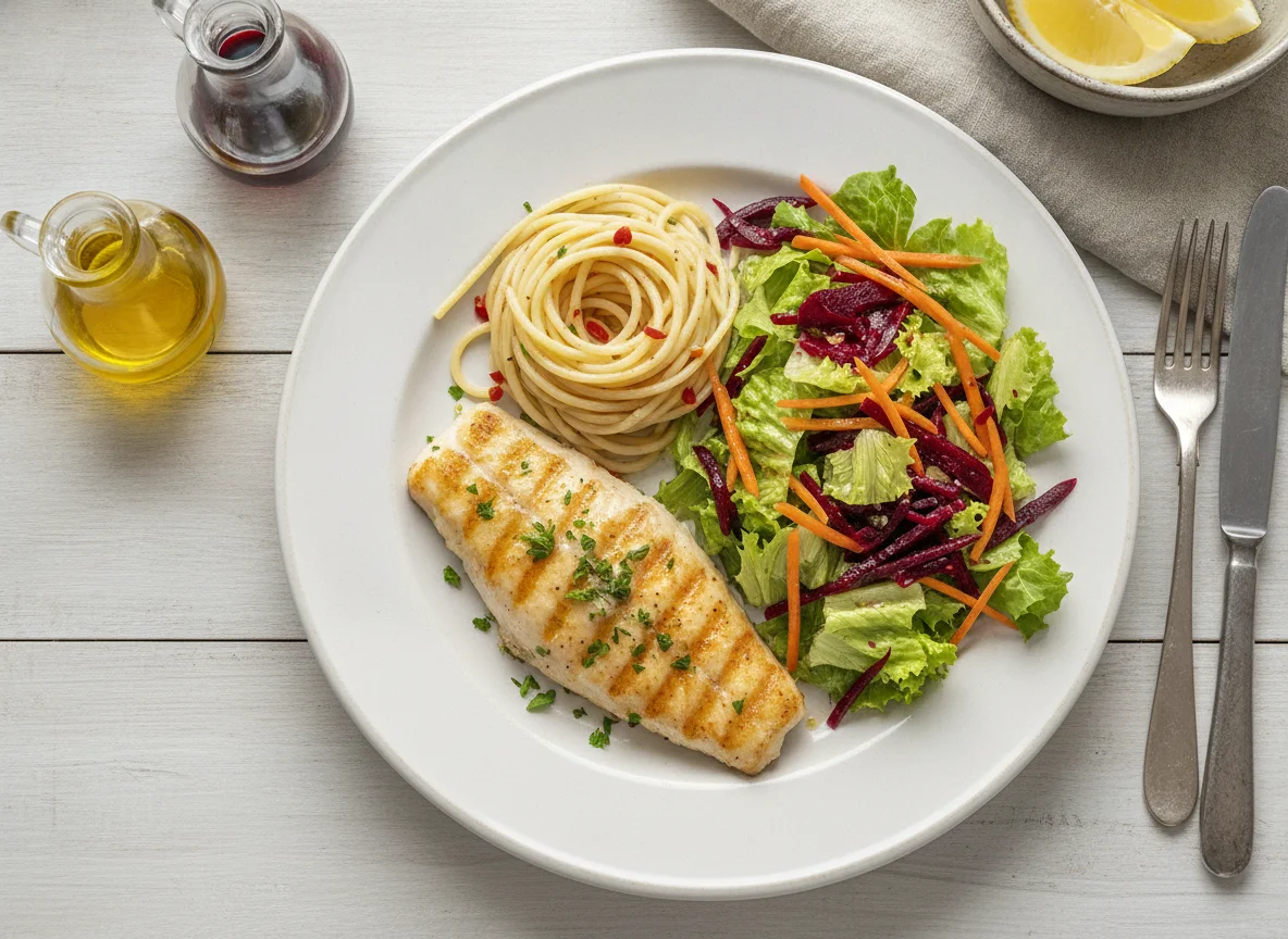 Filete de pescado con espaguetis y ensalada mixta photo