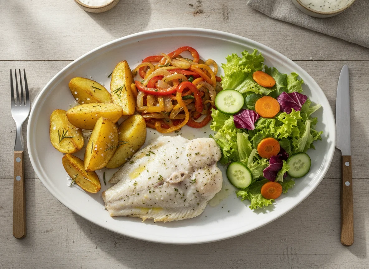 Filete de pescado con papas al horno y ensalada mixta photo