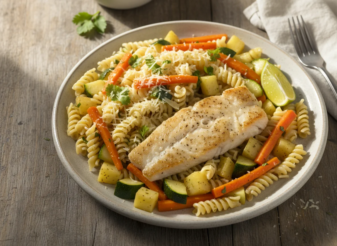 Filete de pescado con pasta y vegetales photo