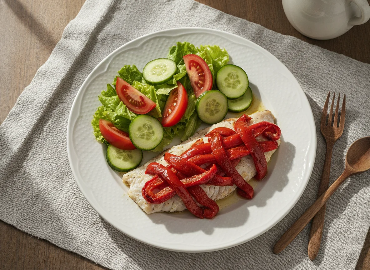 Filete de pescado con pimientos y ensalada photo