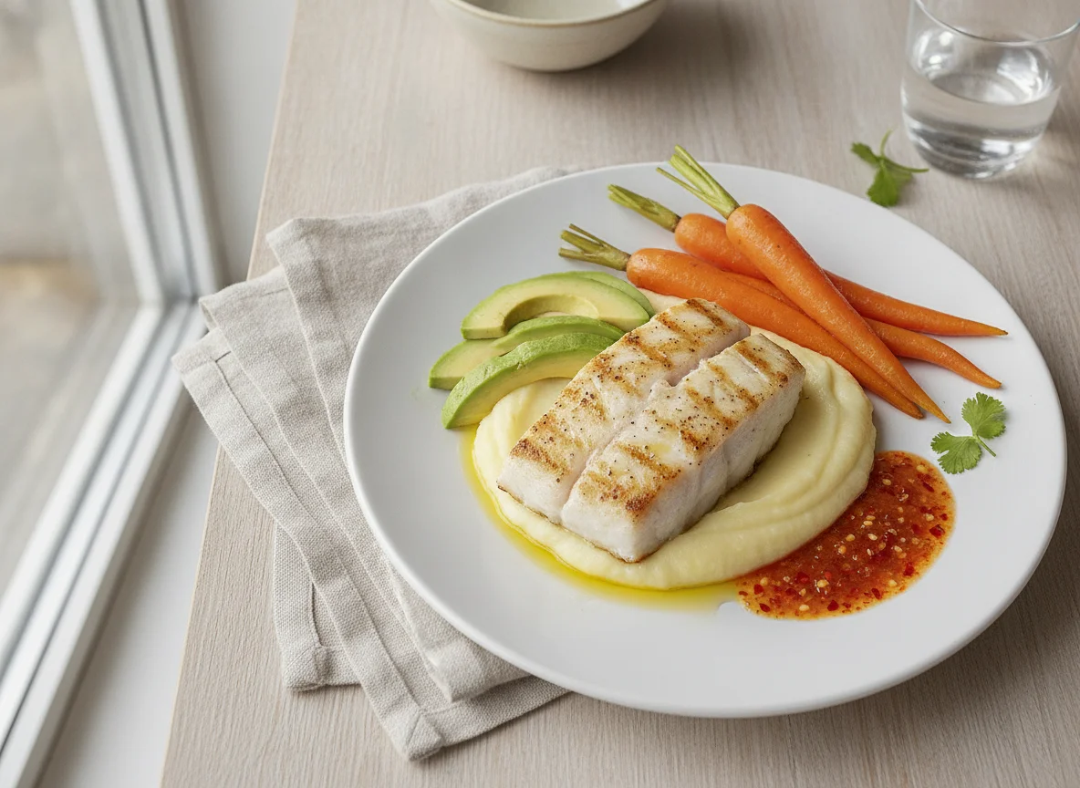 Filete de pescado con puré de papa y zanahorias photo