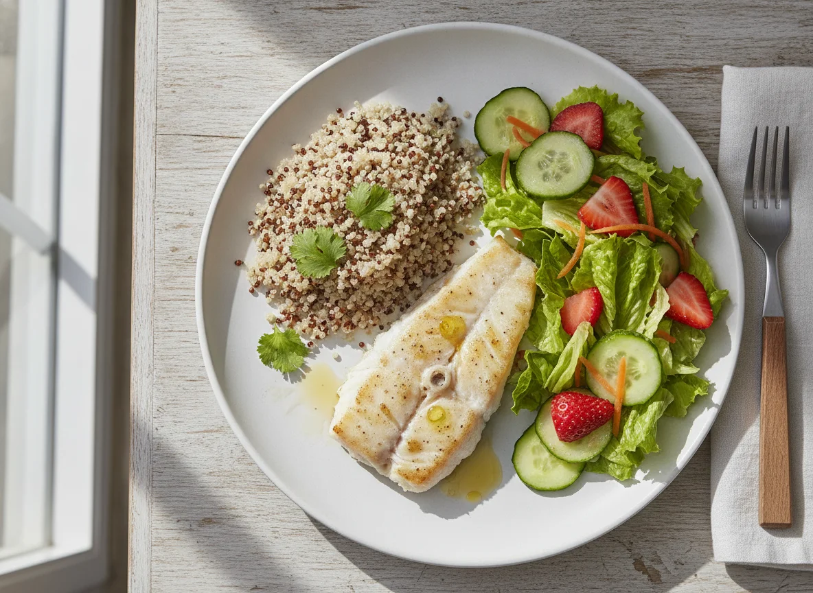Filete de pescado con quinoa y ensalada mixta photo
