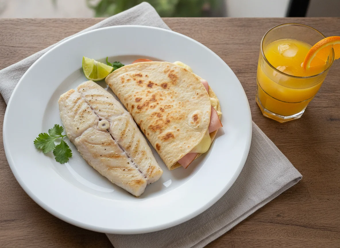 Filete de pescado con sincronizada y jugo de naranja photo