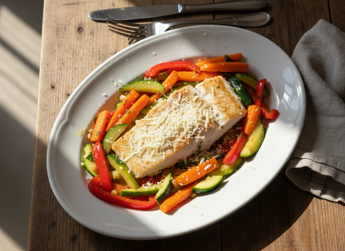 Filete de pescado con vegetales salteados photo