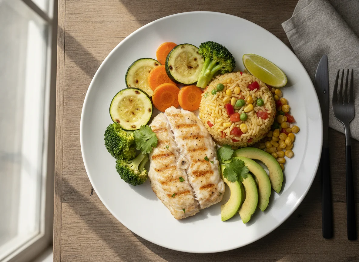 Filete de pescado con vegetales y arroz photo