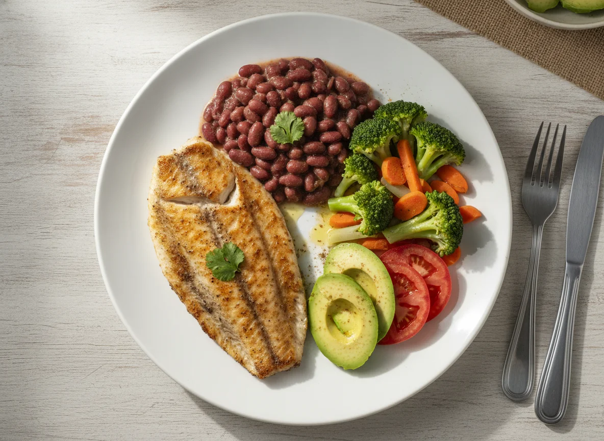 Filete de pescado con vegetales y frijoles photo