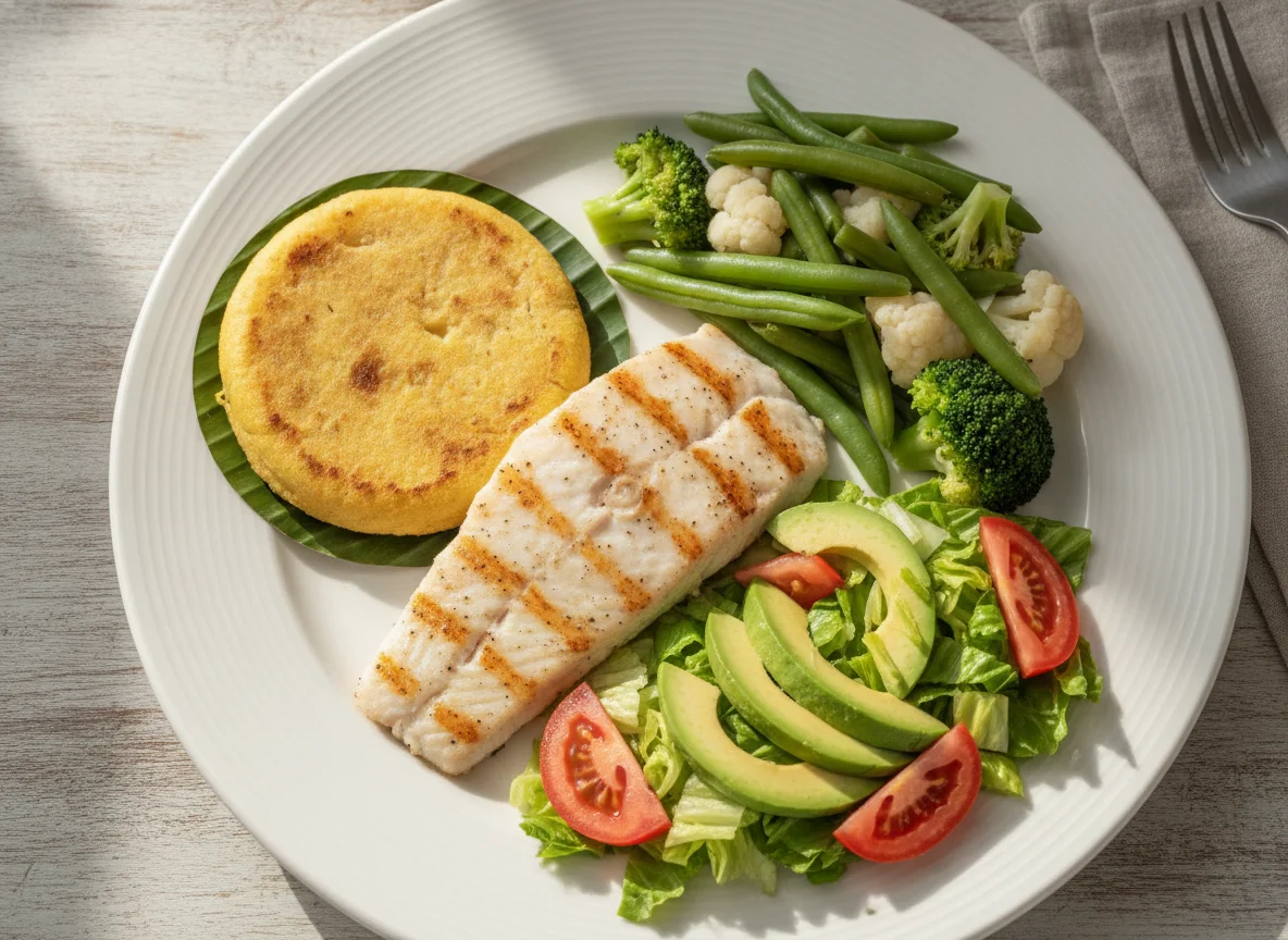 Filete de pescado con vegetales y pupusa photo