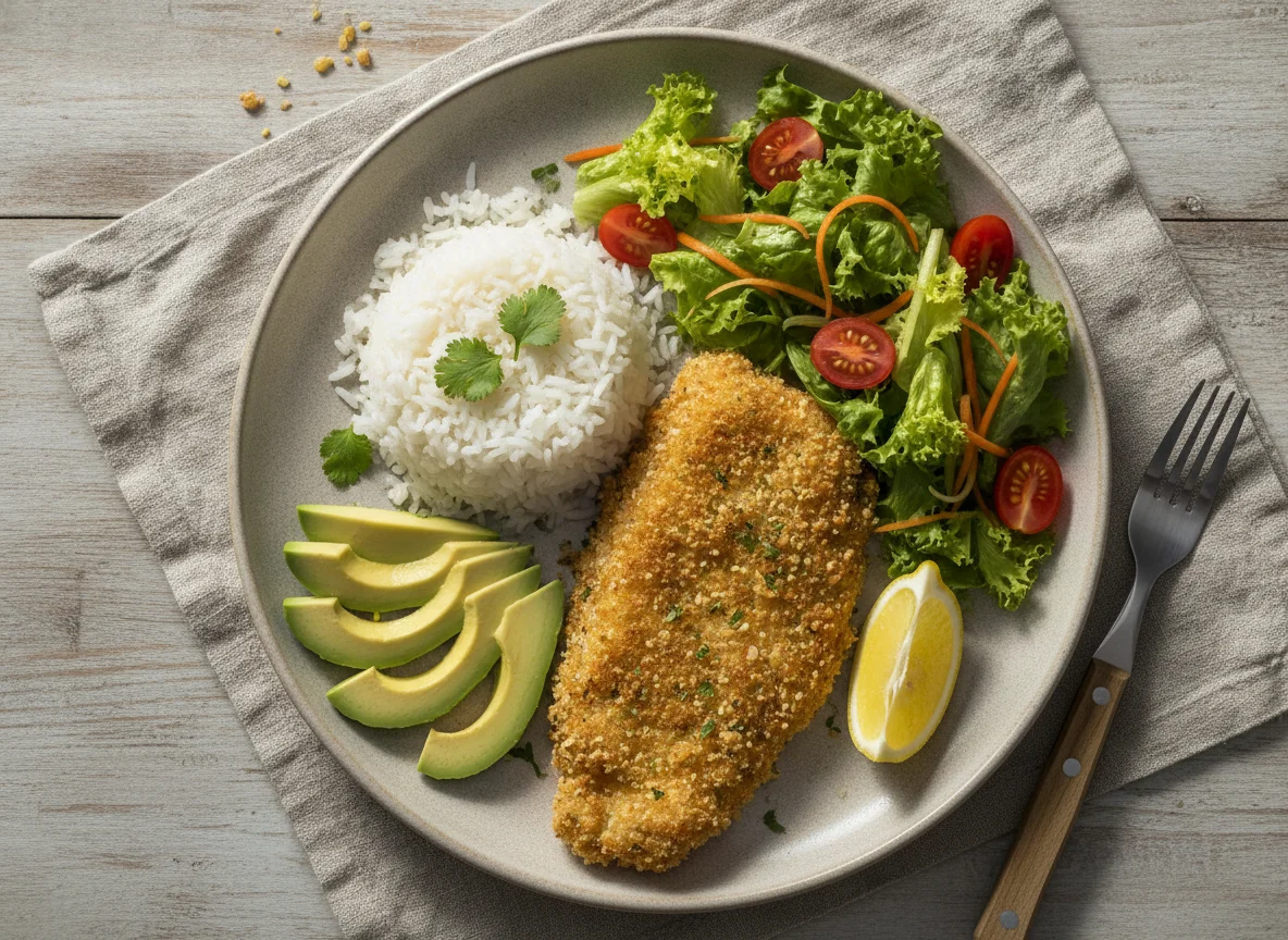 Filete de pescado empanizado con arroz y ensalada photo