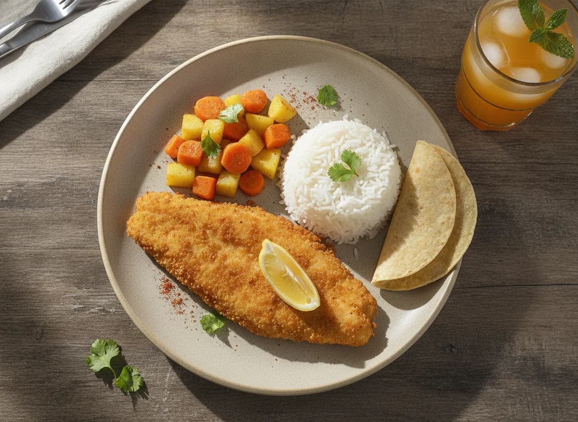 Filete de pescado empanizado con arroz y verduras photo