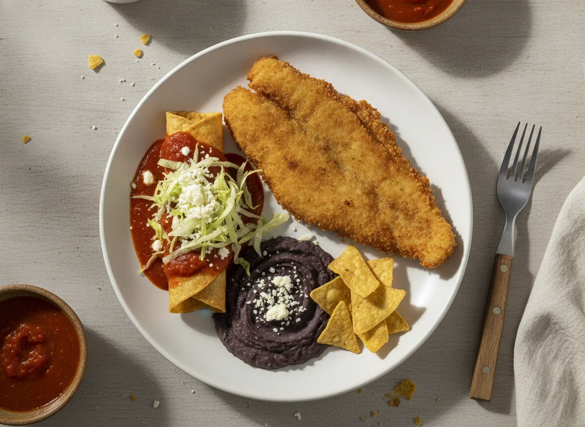 Filete de pescado empanizado con enchilada y frijoles photo