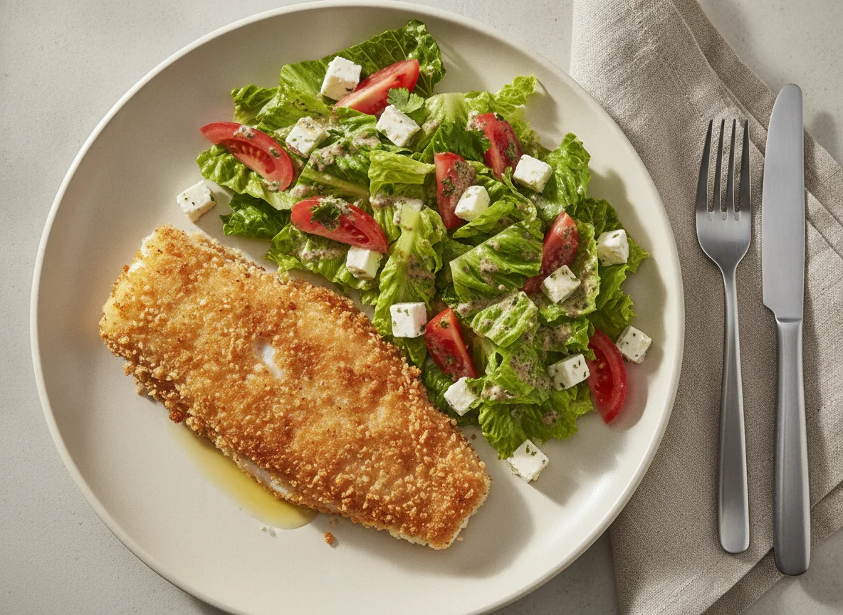 Filete de pescado empanizado con panko y ensalada mixta photo