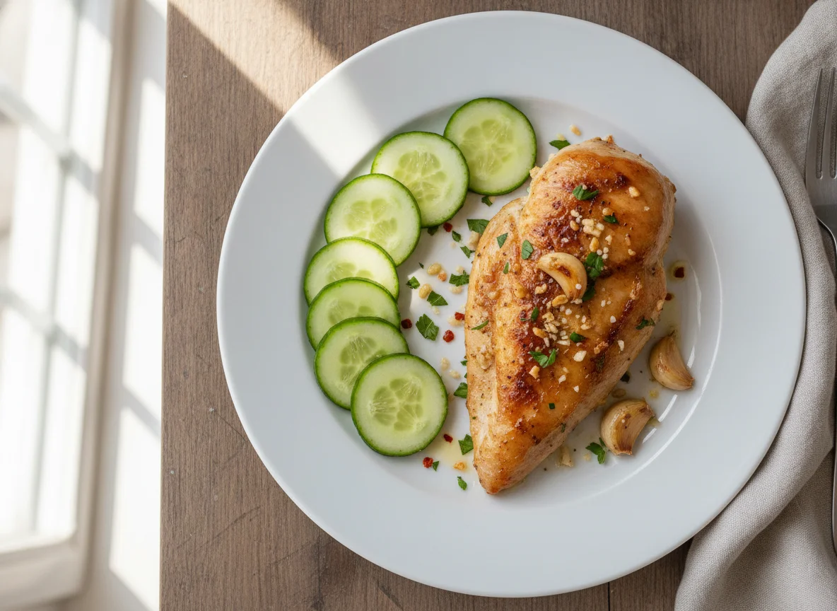Filete de pollo al horno con 5 rodajas de pepinos y ajo photo