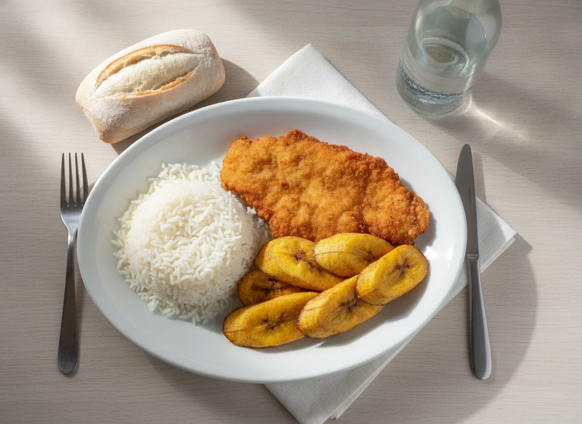 Filete de pollo empanado con arroz, pan y plátano photo