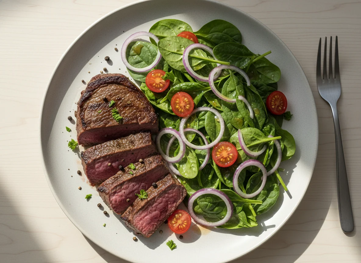 Filete de res con ensalada de espinacas photo