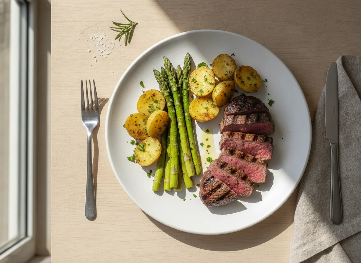Filete de res con espárragos y papas criollas photo