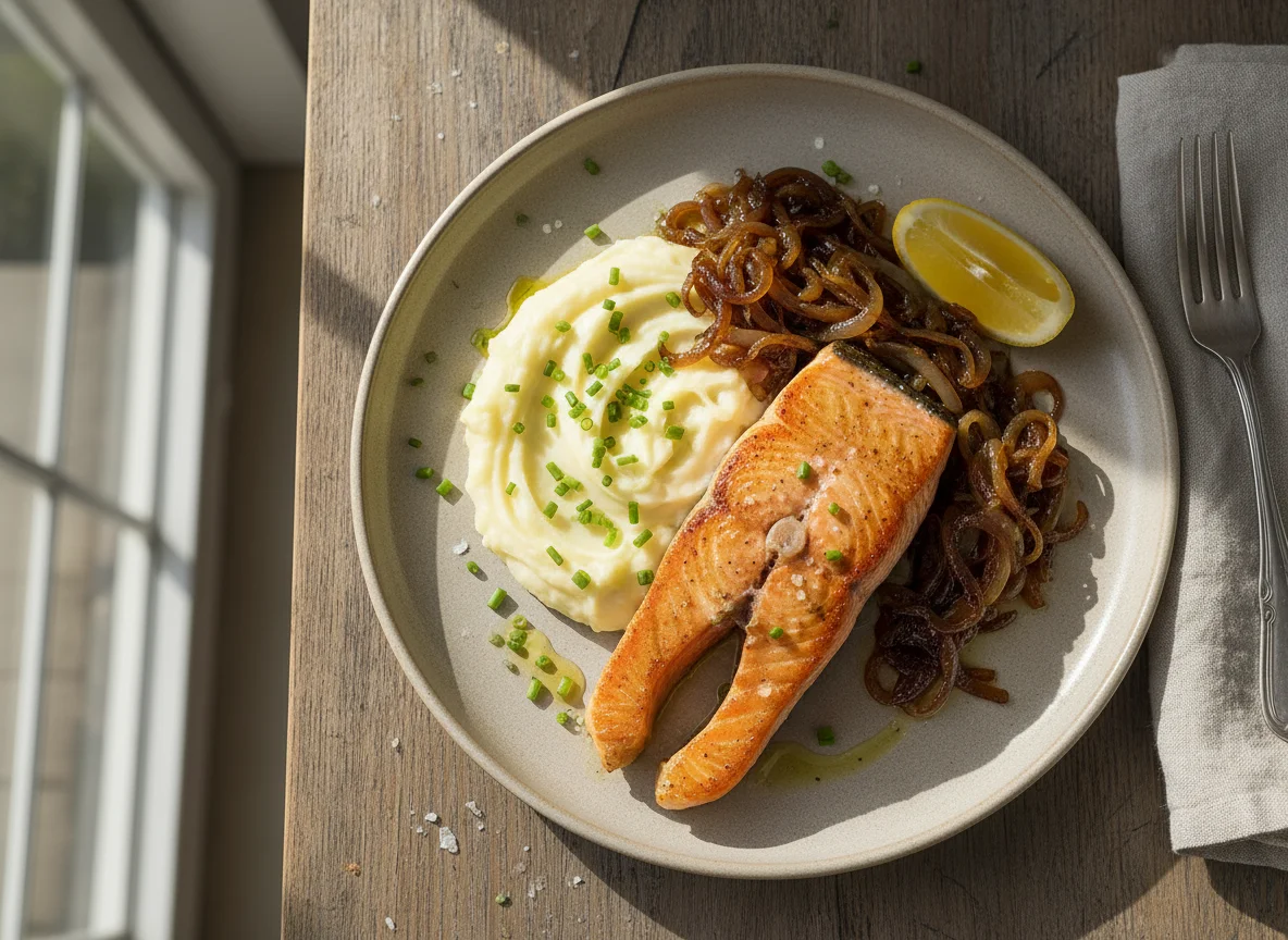 Filete de salmón con puré de papa y cebolla caramelizada photo